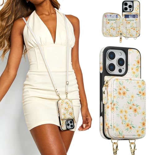 ZCDAYE Zipper Crossbody Wallet Case for iPhone 16 Pro, Sunflower | Flip Folio PU Leather, Practical Card Holder, Adjustable Lanyard Strap, RFID Blocking, Warm Sunflower Girly Phone Case - color: Sunflower, size: iPhone 16 Pro