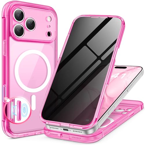 BERFY for iPhone 17 Pro Case, Compatible with MagSafe, Built-in Privacy Screen Protector, Camera Protection, Shockproof Full Body Phone Case 6.3", Clear Bright Pink - color: Bright Pink, size: For Iphone 17 Pro 6.3 Inch