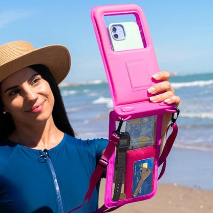 AQUAVAULT Floating Waterproof Phone Pouch, IPX8 Underwater, Large, 2 Pack | Underwater Phone Pouch with Dual Compartment for Phone & Valuables, Armband + Lanyard, Fits iPhone 17/16/15 Pro Max, S26/S25 - color: Blue and Pink