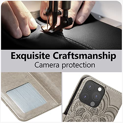 EYZUTAK Case for iPhone 13 Pro, Premium PU Leather Magnetic Flip Wallet Case with Card Holder Cash Slot Lanyard Strap Kickstand Function Embossed Mandala Flower Pattern Shockproof Cover - Gray - color: Gray, size: iPhone 13 Pro