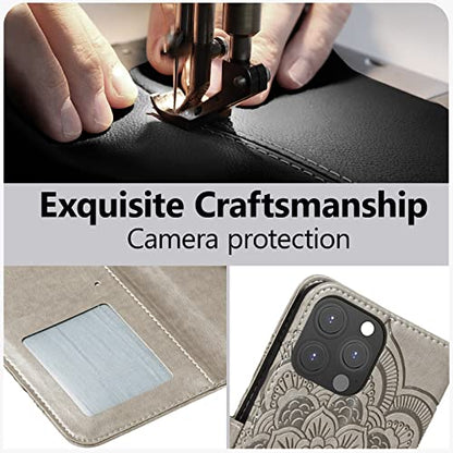 EYZUTAK Case for iPhone 13 Pro, Premium PU Leather Magnetic Flip Wallet Case with Card Holder Cash Slot Lanyard Strap Kickstand Function Embossed Mandala Flower Pattern Shockproof Cover - Gray - color: Gray, size: iPhone 13 Pro