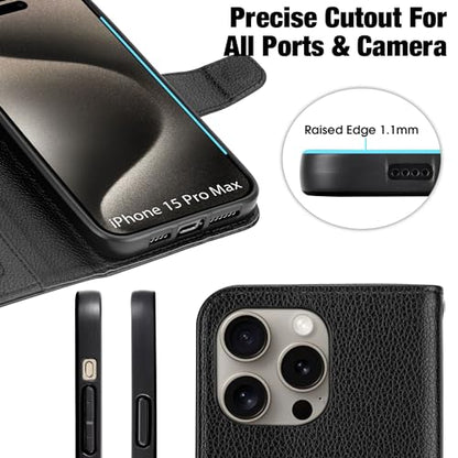 Arae Compatible with iPhone 15 Pro Max Case with Card Holder and Wrist Strap Wallet Flip Cover for iPhone 15 Pro Max 6.7 inch Men RFID Blocking Wristlet Kickstand,Litchi Black - color: Litchi Black, size: iPhone 15 Pro Max 6.7 inch