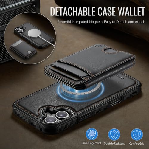WJX for iPhone 16 Plus MagSafe Wallet Case, 2-in-1 Detachable Luxury Card Holder, Universal MagSafe Compatible, RFID Blocking, Shockproof Kickstand Slim Cover， Black - color: Black, size: iPone 16 Plus