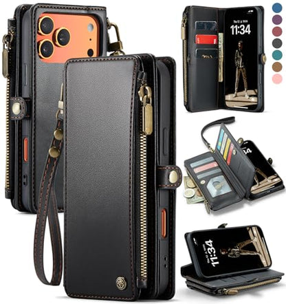 Defencase for iPhone 17 Pro Max Wallet Case with RFID Card Holder, Black | Durable Soft PU Leather, with Zipper Pocket, Wrist Strap, Fashion Snap Flip Phone Cases Cover with Stand for Women and Men - color: Black