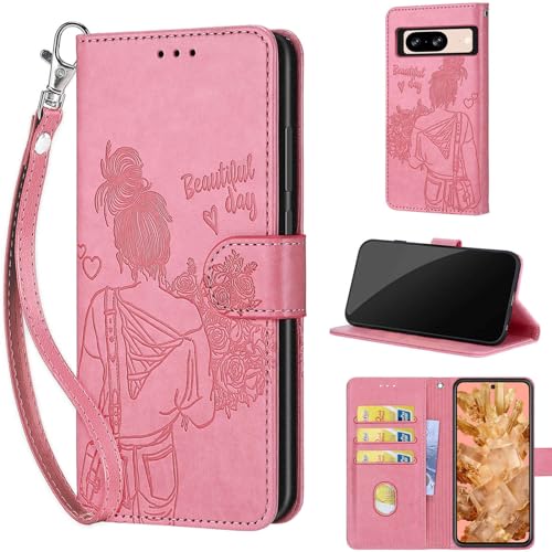 Wallet Case for Google Pixel 8, Pink Girl | Women Flip Folio Cover, Embossed PU Leather, Stand, Credit Card Holders Slots, Wrist Strap - color: 9