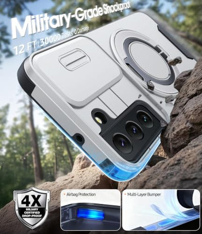 JAME for Samsung Galaxy S22 Case with Ring Stand & Slide Camera Cover - color: Silver, size: Galaxy S22