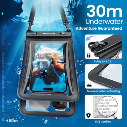 Niveaya Double Space Waterproof Phone Pouch - 2 Pack, Waterproof Phone Lanyard Case with iPhone 17/16/15/14/13 Pro Max up to 8.3", Phone Dry Bags for Vacation Beach Pool Kayak Cruise Travel Essentials - color: Black+ Teal, size: Medium 8.3"