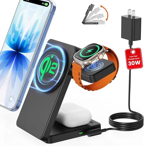 Magnetic Wireless Charging Station for Apple: Upgraded QI2 Certified 15W 3-in-1 Magsafe Wireless Charger Stand, Foldable Travel Fast Charger for iPhone 17 16 15 14 13 12 Series, Apple Watch, AirPods - color: Pure Black