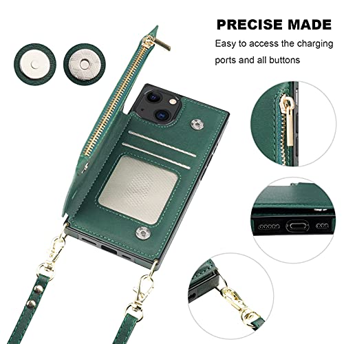Bocasal Crossbody Wallet Case with Strap for iPhone 13/14, Green | RFID Blocking Card Slot Holder, Magnetic Flip Folio Purse Case, PU Leather Zipper Handbag Detachable Lanyard Strap 6.1 Inch - color: Green