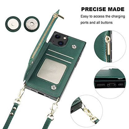 Bocasal Crossbody Wallet Case with Strap for iPhone 13/14, Green | RFID Blocking Card Slot Holder, Magnetic Flip Folio Purse Case, PU Leather Zipper Handbag Detachable Lanyard Strap 6.1 Inch - color: Green