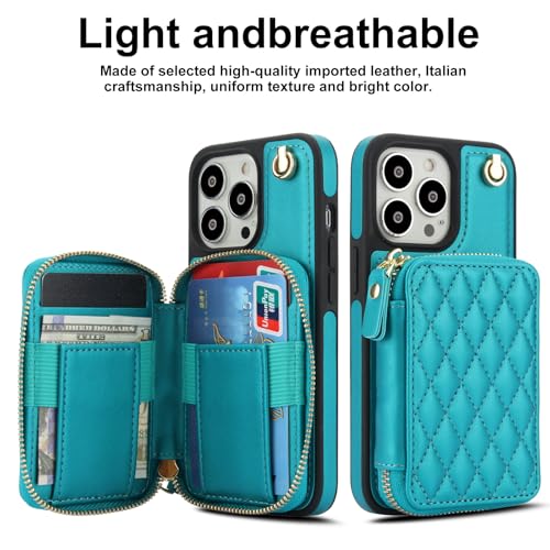 Phone Case for iPhone 14 Pro 6.1 inch Wallet Cell Cover with Tempered Glass Screen Protector Wrist Crossbody Strap RFID Blocking Card Holder iPhone14Pro 5G i i-Phone i14 iPhone14 4 14Pro Women Green - color: Green