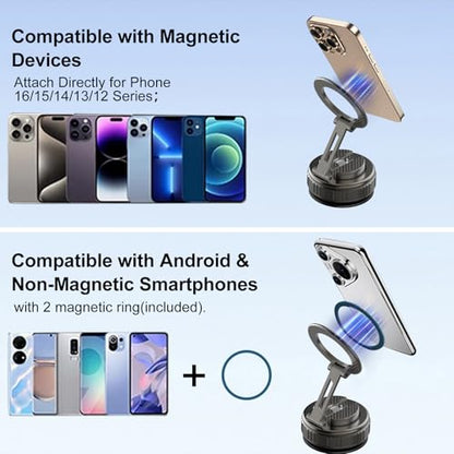 Phone Holders for Your Car, Ultra Vacuum Suction Cup Magnetic Car Phone Holder Mount 360° Adjustable Foldable Cars Phone Stand Compatible with MagSafe iPhone All Smartphones