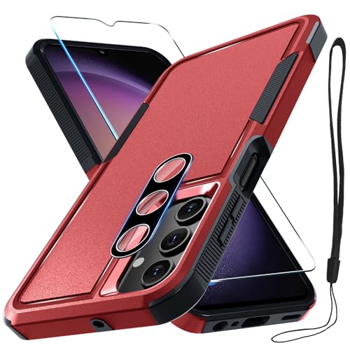 Case for Samsung Galaxy A15 5G, Full Body Heavy Duty Rugged Shockproof Protective Phone Cover with Lanyard Strap, Tempered Glass Screen Protector and Camera Lens Cover, Red | Rugged Shockproof Protective Phone Case with Lanyard Strap,Tempered Glass Screen