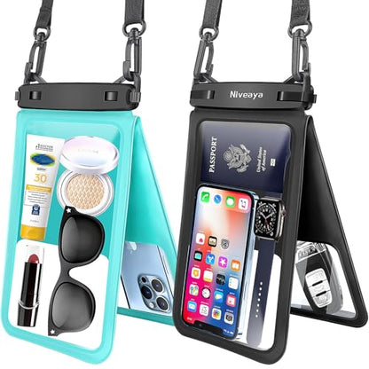 Niveaya [Up to 10.5"]Waterproof Phone Pouch - 2 Pack, Waterproof Phone Lanyard Case with iPhone 17/16/15/14/13 Pro Max up to 9.5", Phone Dry Bags for Vacation Beach Pool Kayak Cruise Travel Essentials - color: Black+ Teal, size: Large 10.5"