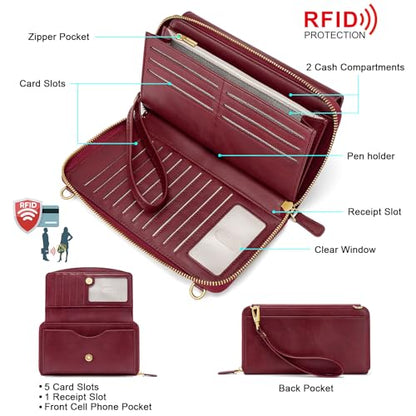 Peacocktion Womens Crossbody Wristlet Wallets with Cell Phone Pocket RFID Vegan Leather Cross Body Purses Travel - color: 05-wine Red