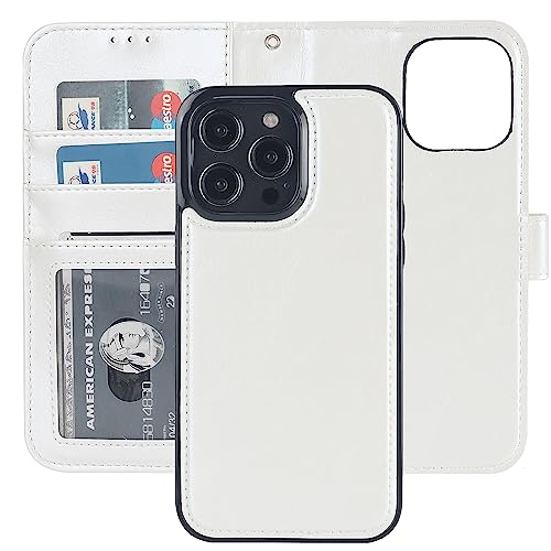 Bocasal Detachable Wallet Case Card Holder for iPhone 14 Pro Max White | RFID Blocking Kickstand Card Slots Holder PU Leather Magnetic Shockproof Wrist Strap Removable Flip Protective Cover 6.7 inch - color: White