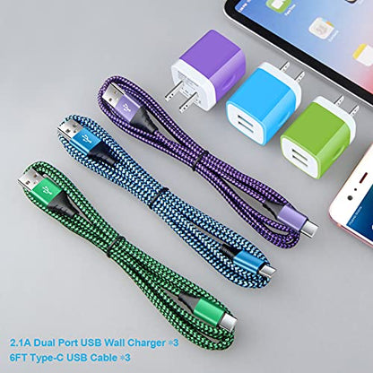 USB Wall Charger 3Pcs 2.1A Dual Port Charger Block Fast Charging Cube Power - color: Blue+Purple+Green