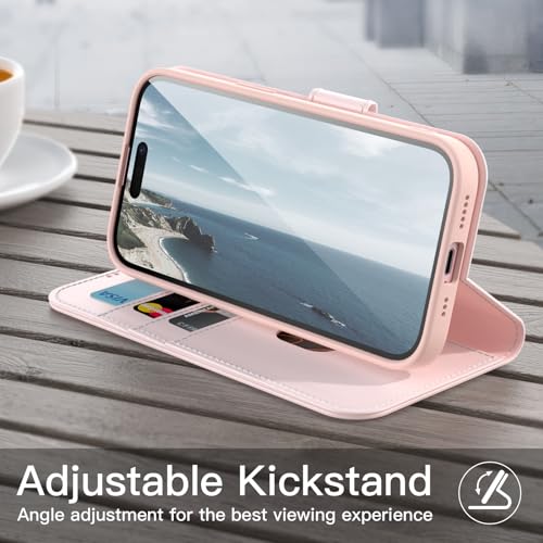 JETech Wallet Case for iPhone 15, Pink | Shockproof PU Leather, Card Holder, Magnetic Flip Cover, Stand Feature, Full Camera Protection - color: Pink