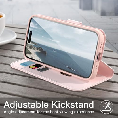 JETech Wallet Case for iPhone 15, Pink | Shockproof PU Leather, Card Holder, Magnetic Flip Cover, Stand Feature, Full Camera Protection - color: Pink