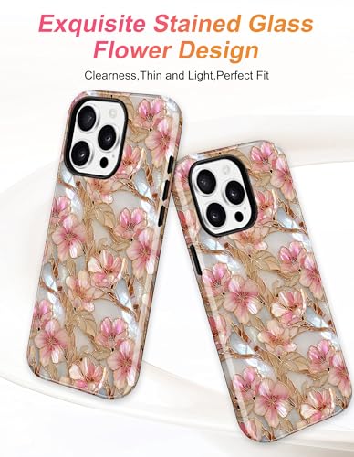 Magnetic Flower Phone Case for iPhone 15, Pink White | Compatible with MagSafe, Cute Stained Glass Peach Floral Aesthetic, TPU and PC Protective Phone Cover for Women Girls - color: Pink White Peach