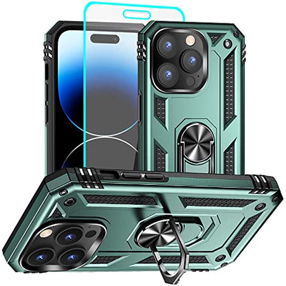 iPhone 14 Pro Case with HD Screen Protector, Military Grade 16ft Drop Tested Ring Shockproof Protective Phone Case, Dark Green - color: Dark Green, size: iphone 14 Pro