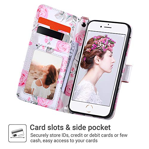 ULAK for iPhone SE 3(2022)/SE(2020)/8/7 Wallet Case Card Holder, Rose Gold | Premium Floral PU Leather Flip Case with Kickstand Card Slots,RFID Blocking,Wrist Strap, Durable Shockproof Cover 4.7 Inch - color: Rose Gold