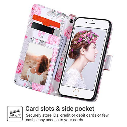 ULAK for iPhone SE 3(2022)/SE(2020)/8/7 Wallet Case Card Holder, Rose Gold | Premium Floral PU Leather Flip Case with Kickstand Card Slots,RFID Blocking,Wrist Strap, Durable Shockproof Cover 4.7 Inch - color: Rose Gold