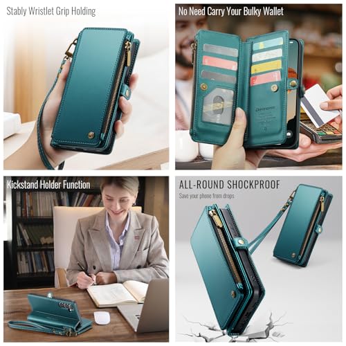 Defencase for Samsung Galaxy A16 5G Wallet Case with Card Holder, Bluegreen | RFID Blocking, Zipper Pocket, Durable PU Leather, Wrist Strap, Fashion Snap Flip Phone Cases Cover with Stand for Women Men - color: Blue Green