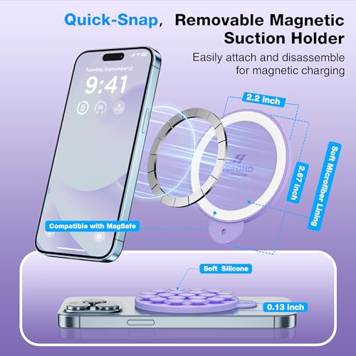 Magnetic Suction Cup Phone Mount with MagSafe, Silicone Hands-Free Grip Holder for iPhone Case and Android, Mirror Shower Phone Stand for Makeup FaceTime Gym Kitchen Bathroom, Lilac Purple - color: Lilac Purple