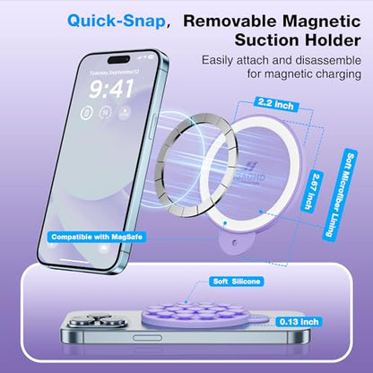 Magnetic Suction Cup Phone Mount with MagSafe, Silicone Hands-Free Grip Holder for iPhone Case and Android, Mirror Shower Phone Stand for Makeup FaceTime Gym Kitchen Bathroom, Lilac Purple - color: Lilac Purple