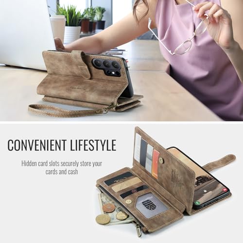 Compatible with Samsung Galaxy S26 Ultra Wallet Case with Card Holder Kickstand Magnetic Zipper Pocket Lanyard Strap Wristlet,Leather Flip Case Wallet for Galaxy S26 Ultra 6.9 Inch (Brown) - color: Brown, size: S26 Ultra 6.9 Inch