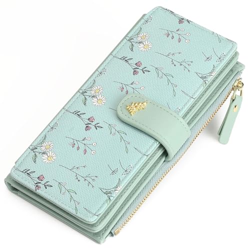 GAEKEAO Womens Wallet RFID Blocking Trifold Large Capacity Ladies Vegan Leather Wallet Floral Multi Card Holder Organizer - color: Y04-Green