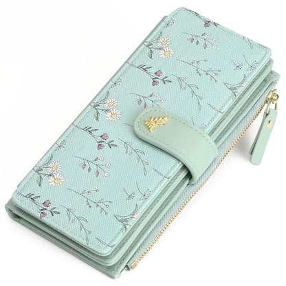 GAEKEAO Womens Wallet RFID Blocking Trifold Large Capacity Ladies Vegan Leather Wallet Floral Multi Card Holder Organizer - color: Y04-Green