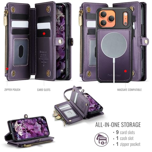 Defencase for iPhone 17 Pro Max Case Wallet Compatible with Magsafe, Purple | Drop-Proof Magnetic Detachable Phone Cases Cover, with RFID Bolcking Card Holder, Zipper Strap, PU Leather, Removable Wallet - color: (Detachable with Magsafe)-Purple