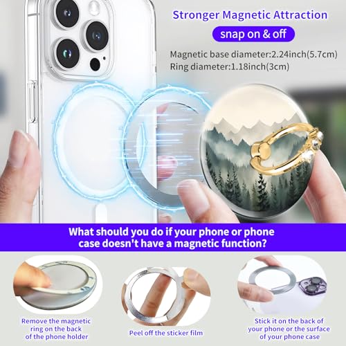 Magnetic Phone Ring Holder Compatible with MagSafe, Cute Phone Grip Stand with 360° Rotation Gold Glitter Finger Ring Kickstand Accessories for Most Phones Green Cute Mountain