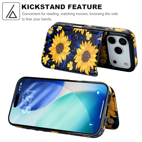 HAOPINSH Wallet Case with Card Holder for iPhone 17 Pro, Blooming Sunflowers Pattern Back Flip Folio PU Leather Kickstand Card Slots Case, Double Magnetic Clasp Shockproof 6.3" - color: Blooming Sunflowers