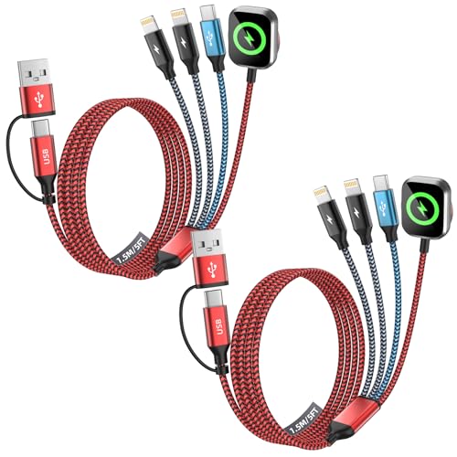 Travel Essentials Dual IP 4in2 Multi Charging Cable for iWatch Charger,2PK - color: Dark Red&Black&Light Blue, size: AC to 2C+L+iWatch