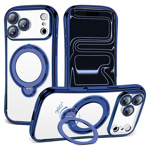 Clear Phone Case for iPhone 17 Pro 6.3", Deep Blue | Compatible with iPhone 17 Pro Case with 360° Rotatable Magnetic Ring Stand Full Camera Lens Protector Plating Mag-safe Case - color: Deep Blue, size: Iphone 17 Pro