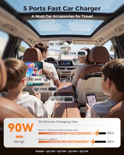 SUPERONE 90W Retractable Car Charger with Dual Cables Car Phone Charger - color: Black
