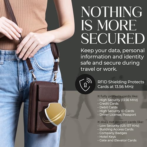 BULL GUARD Crossbody Bag for Women, Leather Phone Wallet Purse with Adjustable Anti Theft Strap & RFID Blocking 12 Card Slots - color: Xtraroom in Dark Brown Goddess Delight