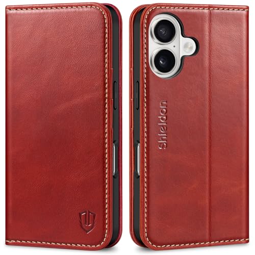 SHIELDON Genuine Leather Case Wallet for iPhone 17 6.3" 2025, Retro Red | Flip Magnetic Cover, RFID Blocking, Credit Card Holder, Kickstand, Book Design, Full Protection, Shockproof Phone Shell - color: Retro Red