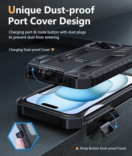 FNTCASE for iPhone 15/14/13 Case, Built-in Screen Protector, Kickstand | 20FT Military-Grade Drop Protection, Anti-Slip Matte Textured, Rugged Heavy Duty Shockproof Protective Phone Cover, Black - color: Black