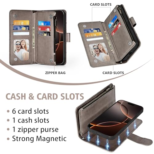 Asuwish Phone Case for iPhone 16 Pro 6.3 inch Zipper Wallet Magnetic Detachable Cell Cover with Tempered Glass Screen Protector Crossbody Strap Flower Card Holder i Phone16 i16 16Pro Women Girls Gray - color: Gray