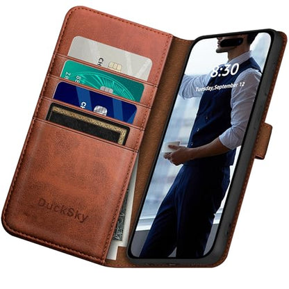DuckSky Compatible with iPhone 17 Pro Max 6.9" Genuine Leather Wallet case【RFID Blocking】【4 Credit Card Holder】【Real Leather】 Flip Phone case Cover Women Men for Apple 17 Pro Max case Light Brown - color: Light Brown