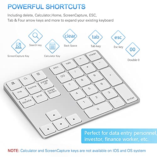 Lekvey Bluetooth Number Pad, Aluminum Rechargeable Wireless Numeric Keypad - color: White and Silver