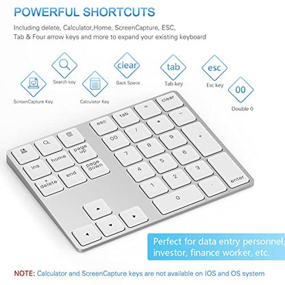 Lekvey Bluetooth Number Pad, Aluminum Rechargeable Wireless Numeric Keypad - color: White and Silver