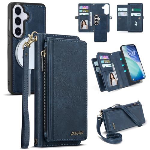 for Samsumg Galaxy S26 Wallet Case, Detachable Magnetic Phone Case,Faux Leather Strap Wallet,with RFID Blocking,Zipper Card Holder,Shoulder Straps (Darkblue) - color: Darkblue, size: Samsumg Galaxy S26