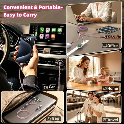 Travel Essentials, 3 USB C Multi Charging Cable with iWatch Charger for Car - color: Blush Pink, size: 1Pack5FT