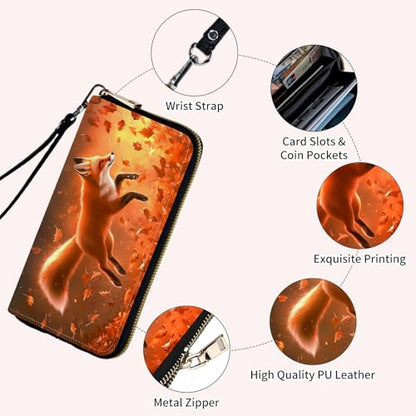 Ladies Wallet,Clutch Purses for Women Wallets Leather Credit Card Holder for Women Wristlet Slim Small Cute with Zipper,Thin RFID Blocking with Wrist Strap,Cute Fox Leaf - color: Cute Fox Leaf