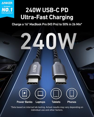 Anker Prime USB C to USB C Cable, 240W Fast Charging Durable Cable (1 ft) - size: 1FT